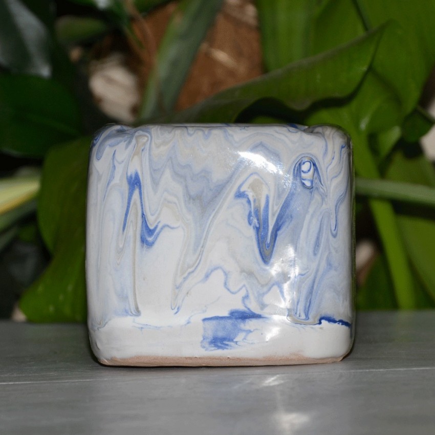 Cendrier anti fumée Cube marbré bleu, gris et  blanc