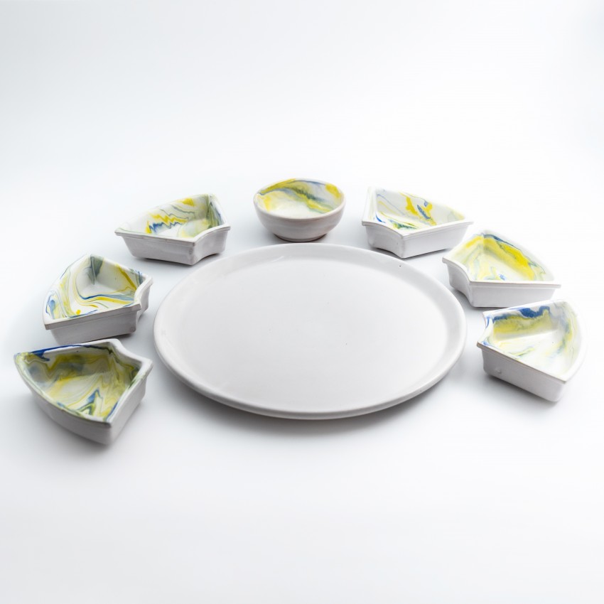 Service apéritif Marbré Jaune et Bleu