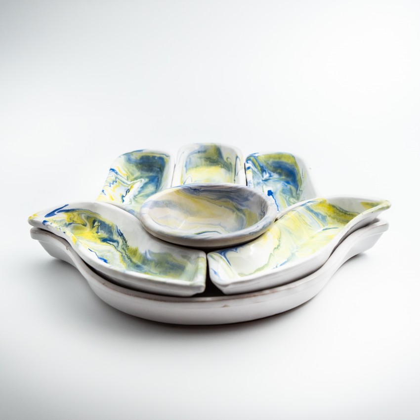 Service apéritif Main de Fatma Marbré Jaune et Bleu