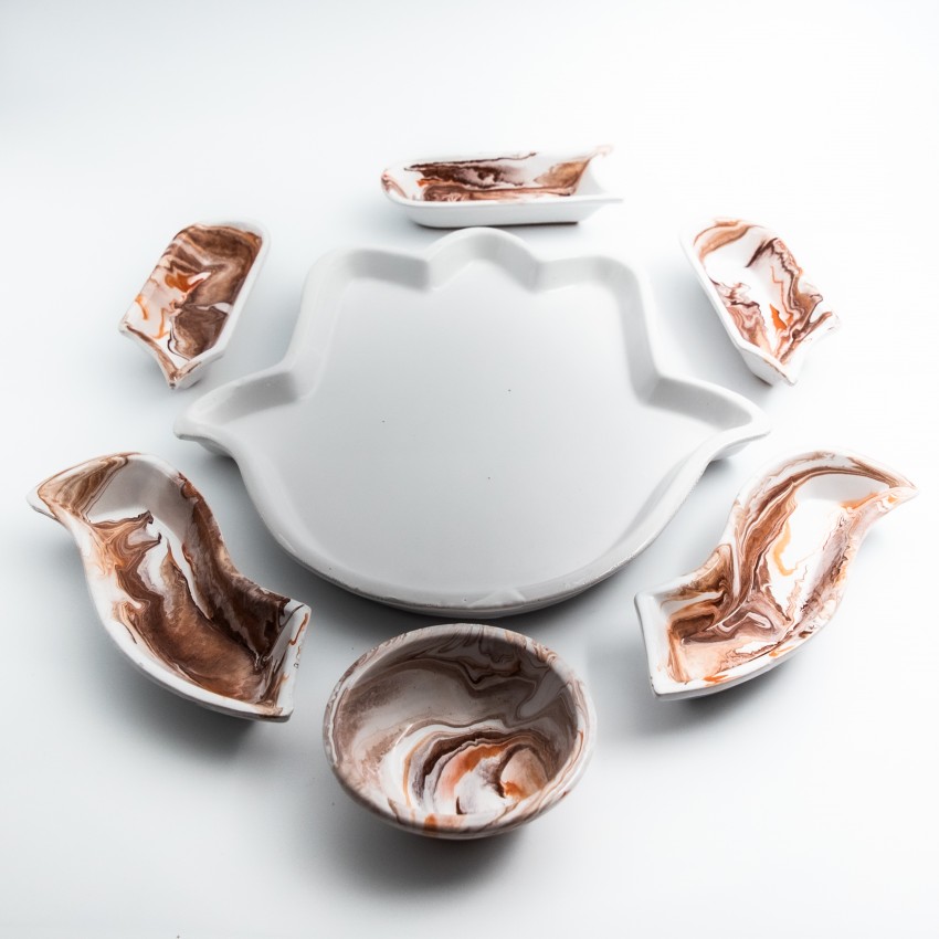 Service apéritif Main de Fatma Marbré Marron et Orange