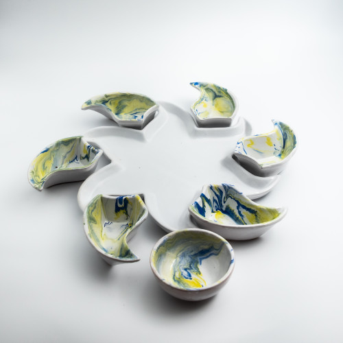 Service apéritif Etoile Marbré Bleu et Jaune