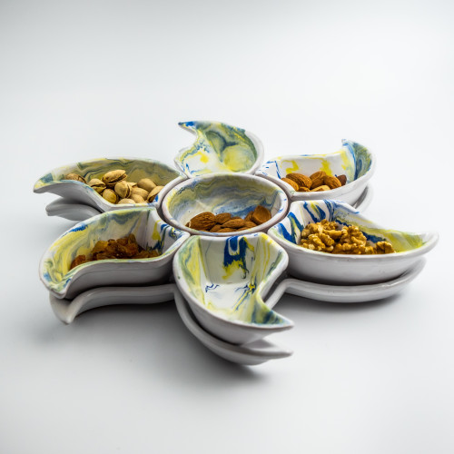 Service apéritif Etoile Marbré Bleu et Jaune