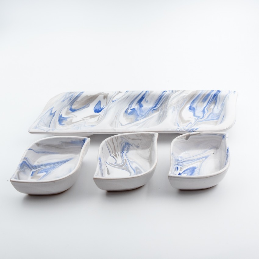 Service apéro tri-bols Feuilles Marbré Bleu et Gris