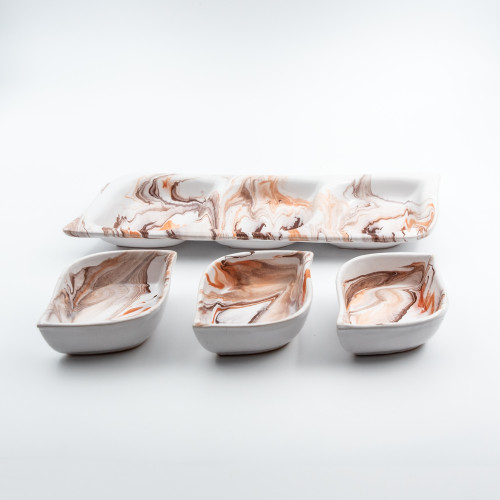 Service apéro tri-bols Feuilles Marbré Marron et Orange