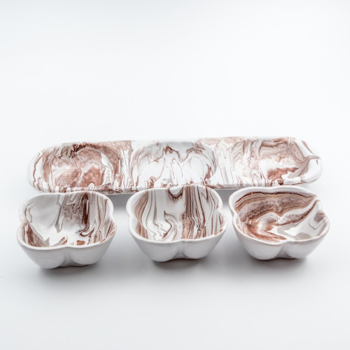 Service apéro tri-bols Fleurs Marbré Marron et Gris