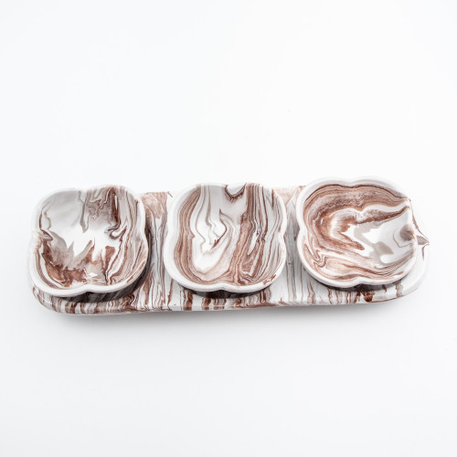 Service apéro tri-bols Fleurs Marbré Marron et Gris