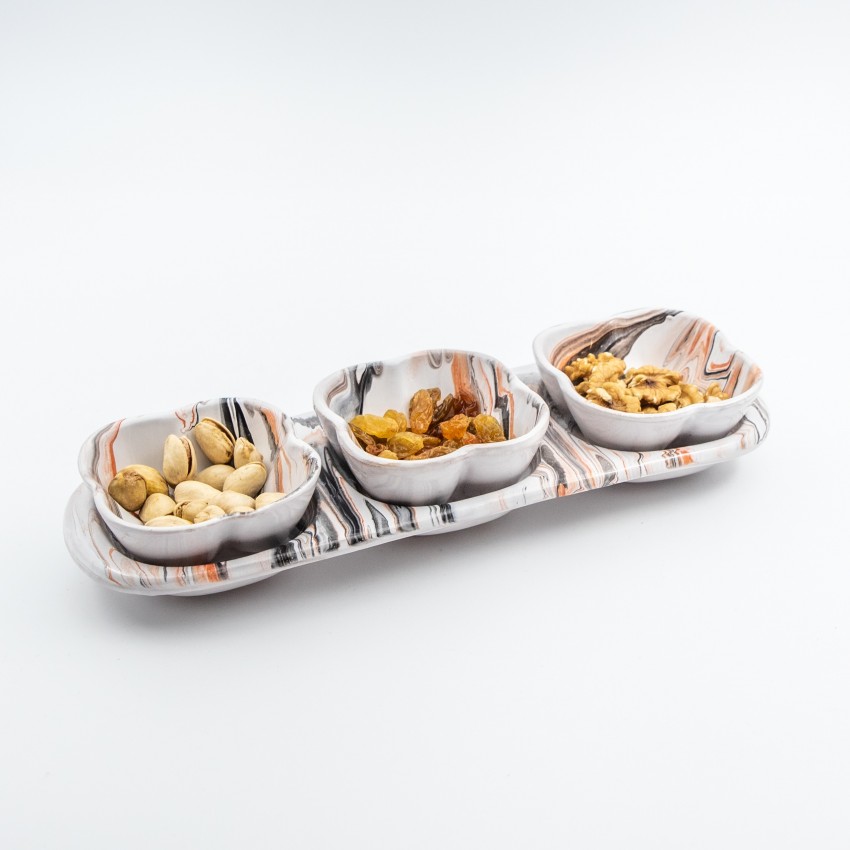 Service apéro tri-bols Fleurs Marbré Rouge et Noir