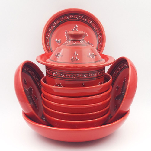 Service à couscous assiettes jattes avec plat jatte Tatoué rouge - 8 pers