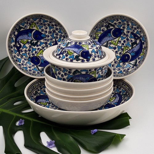 Service à couscous assiettes jattes Poissons Bleus - 6 pers