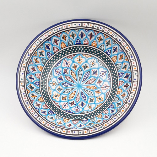 Plat Traditionnel Tebsi Khelel Bleu - Diamètre 37 Cm - Décor Oriental Main - Va Au Lave-vaisselle Et Micro-ondes