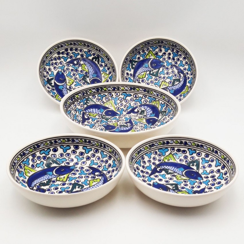 Service à couscous assiettes creuses jatte Poissons Bleus - 4 pers