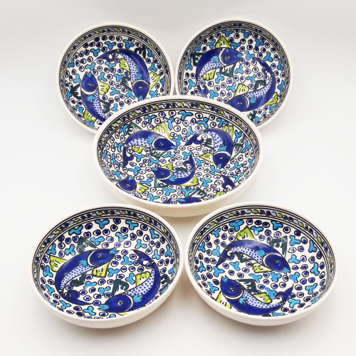 Service à couscous assiettes creuses jatte Poissons Bleus - 4 pers