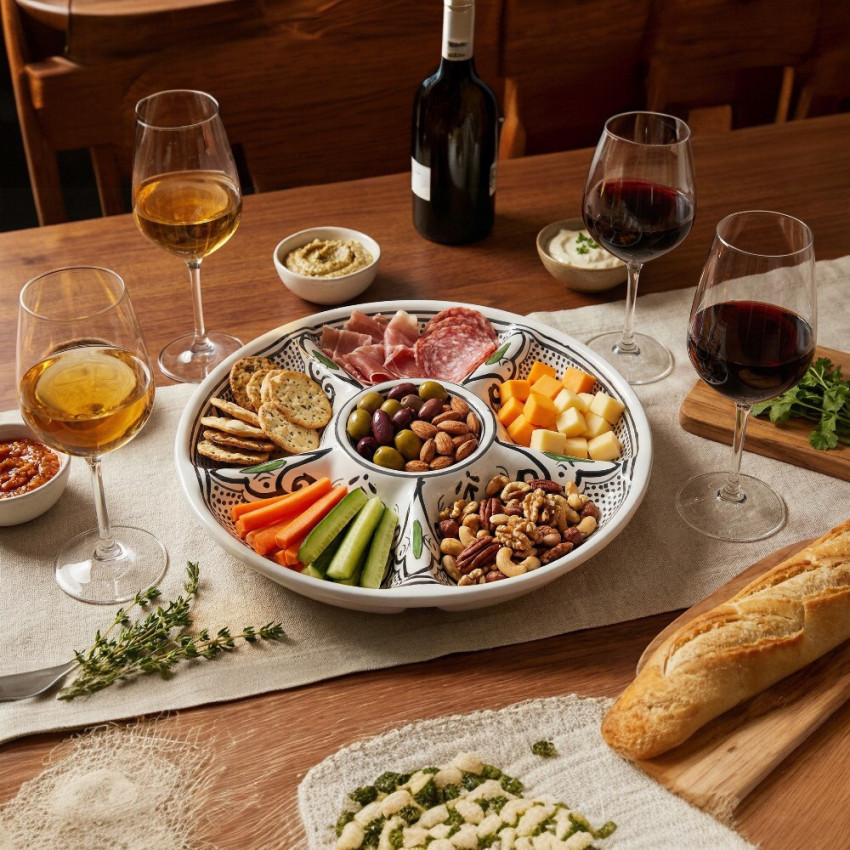 Planche de charcuterie avec verres à vin