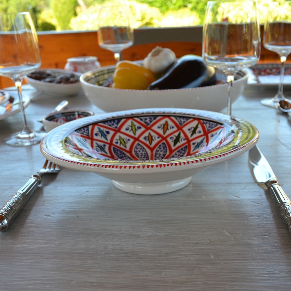 Lot De 6 Assiettes Tebsi Bakir Rouges - Diamètre 23 Cm - Décor Peint à La Main - Pour Couscous, Paëlla, Soupe - Lave-vaisselle, Micro-ondes